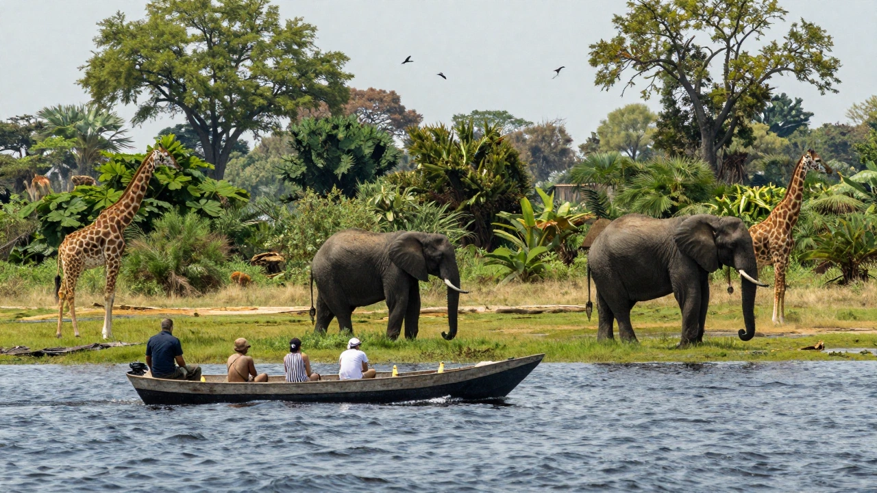 An African safari scene in Botswana’s Okavango Delta featuring a small boat gliding through lush water channels surrounded by dense greenery and various wild animals such as elephants, giraffes, and birds in a peaceful, natural setting.
