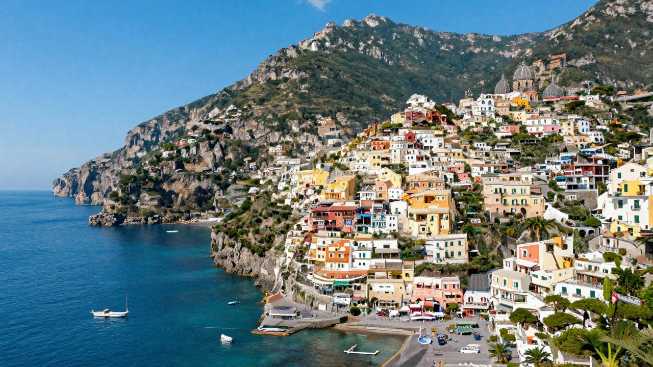A picturesque Italian coastal village on the Amalfi Coast with colorful cliffside houses, clear blue sea, boats floating gently, and a bright sunny sky conveying timeless beauty and tranquility.