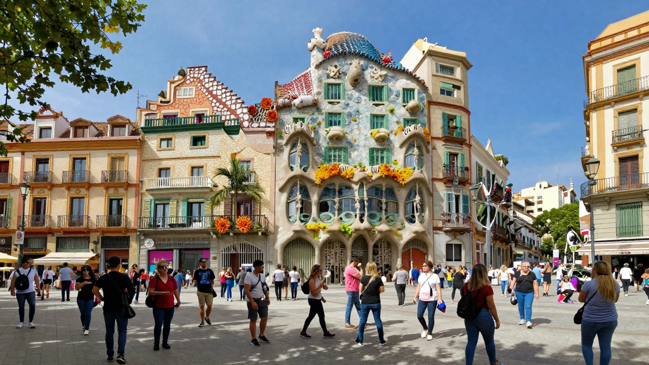 A vibrant street scene in Spain with lively crowds enjoying a sunny day near colorful Gaudí-inspired architecture, with festive decorations hinting at a cultural celebration.