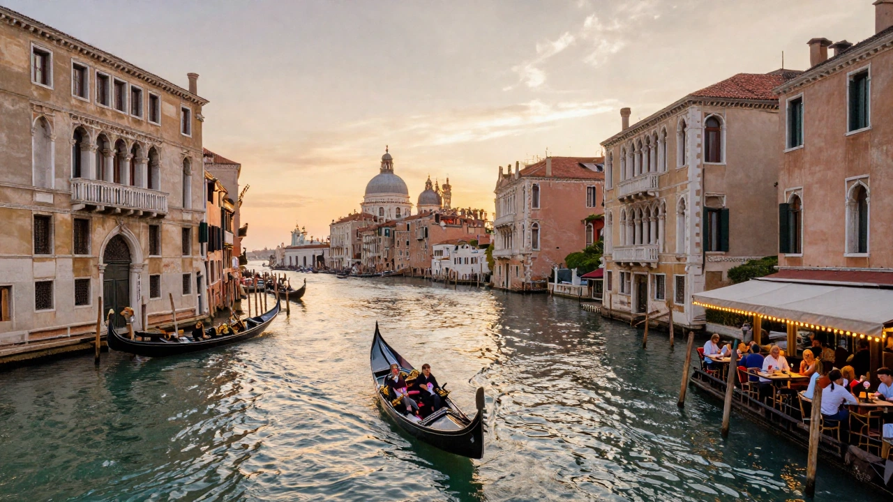 A romantic and historic Italian cityscape at sunset featuring gondolas gliding through Venetian canals, ancient ruins in the background, and an outdoor café ambiance with people savoring gelato.