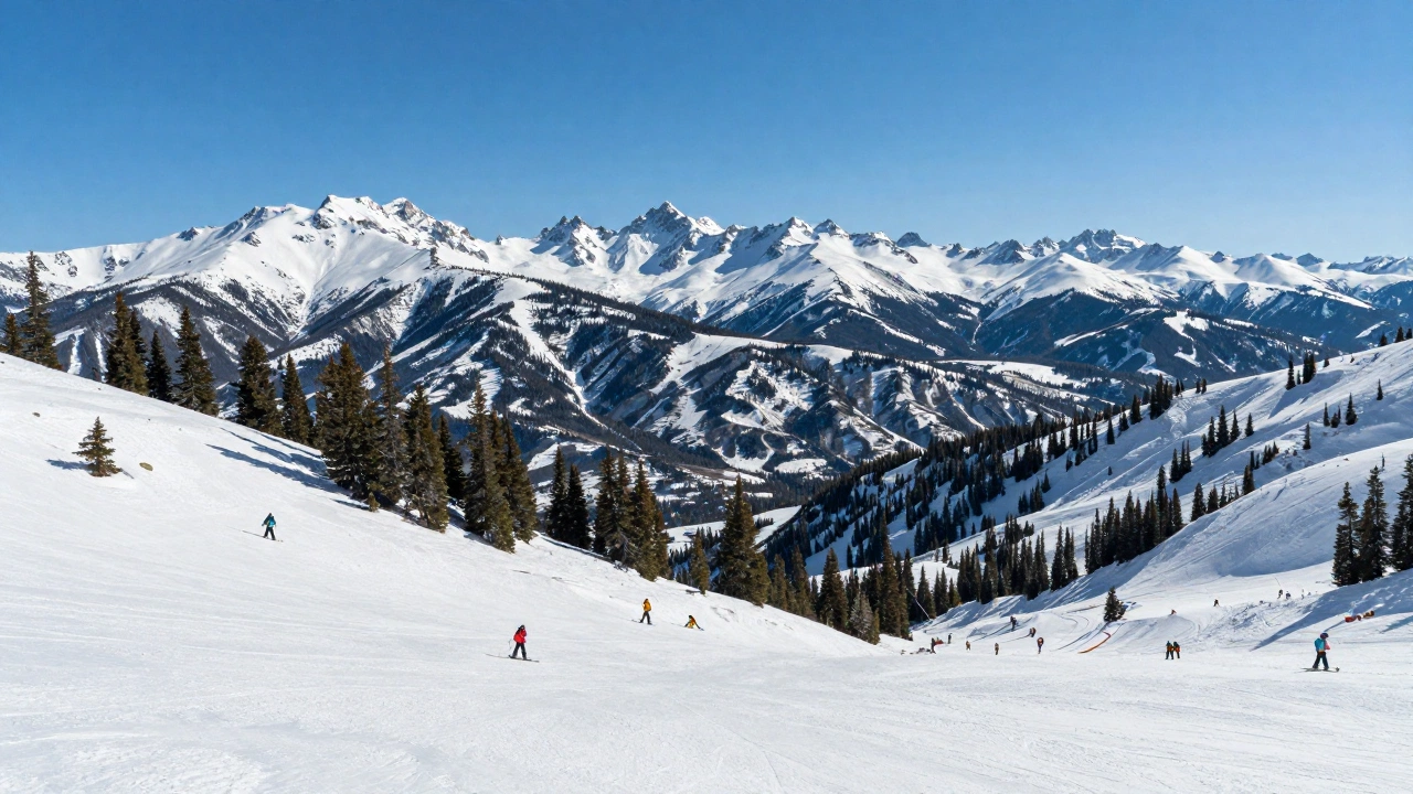 A serene wilderness view of Big Sky, Montana showcasing majestic snow-capped mountains, ski slopes with adventurers, and expansive natural landscapes under a clear blue sky.