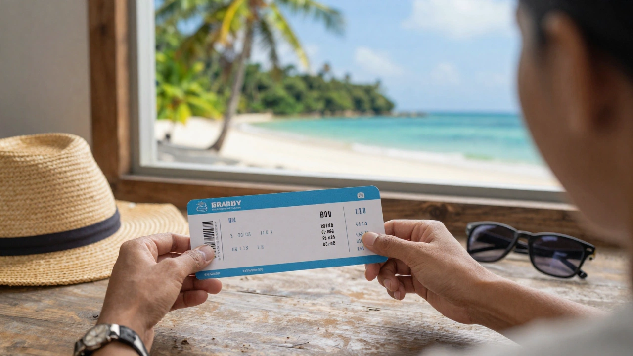 A cozy travel planning scene with a person happily arranging travel essentials like tickets and tropical souvenirs, with a window view of a tropical beach or rainforest in Brunei
