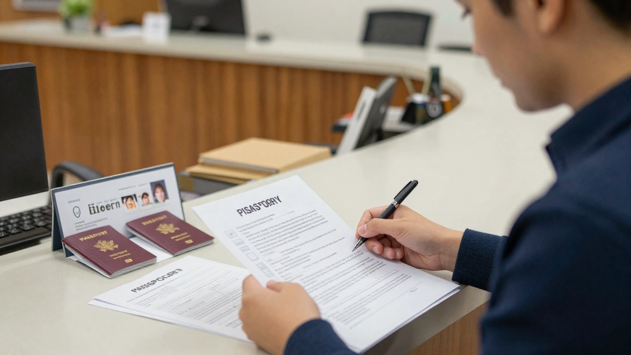 A traveler at a visa application center, sitting at a desk with passport photos and documents spread out, showing a calm and focused expression while preparing their paperwork, with a backdrop suggesting an official embassy or consulate environment