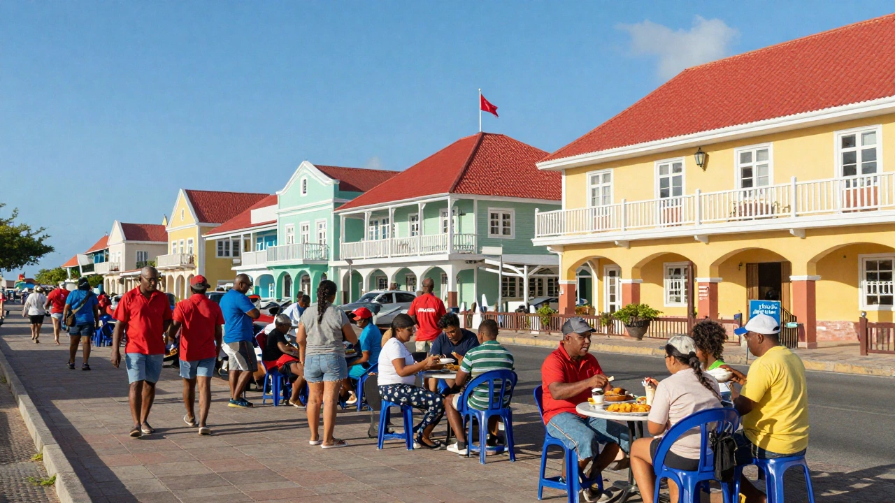 A vibrant outdoor scene capturing Aruba's unique cultural fusion, featuring lively street life with people enjoying local cuisine, colorful Caribbean architecture, and elements hinting at Dutch and Latin influences, all under a sunny, clear sky.
