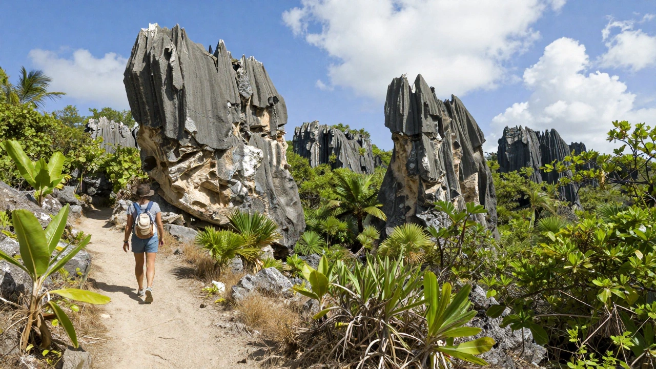 An adventurous nature landscape within Arikok National Park in Aruba, displaying dramatic rocky formations, hiking trails, and a traveler exploring the natural beauty, surrounded by lush vegetation and bright sunshine.