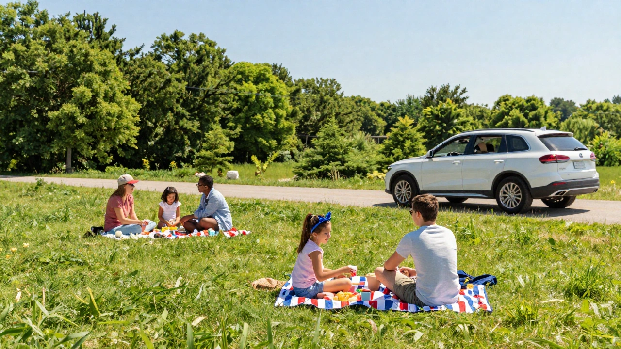 A vibrant outdoor scene of a long weekend getaway with friends or family enjoying a sunny picnic or road trip, featuring lush greenery and a festive atmosphere celebrating major holidays like Independence Day or Labor Day.