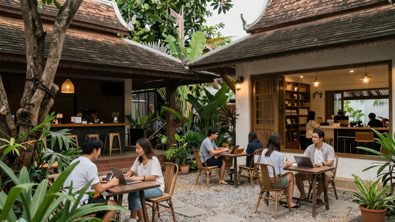 A cozy outdoor coworking space in Chiang Mai set amidst lush greenery and traditional Thai architecture, with digital nomads engaged in work and casual conversations, evoking a laid-back and welcoming atmosphere.