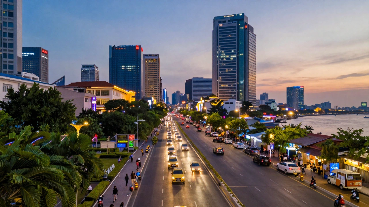 A vibrant urban street in Ho Chi Minh City during dusk, featuring bustling city lights, modern skyscrapers, and lively nightlife, with people enjoying the energetic city vibe alongside pockets of green space and the distant river.