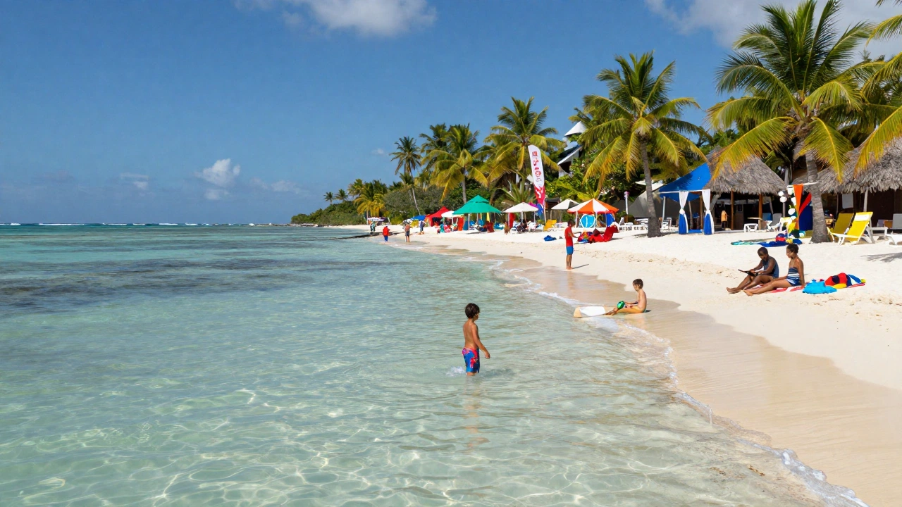 A tropical beach scene in the Caribbean with calm, crystal-clear waters where young children play safely near the shore, colorful cultural festivities happening nearby, and parents relaxing under shaded palm trees, evoking a perfect balance of adventure and relaxation.