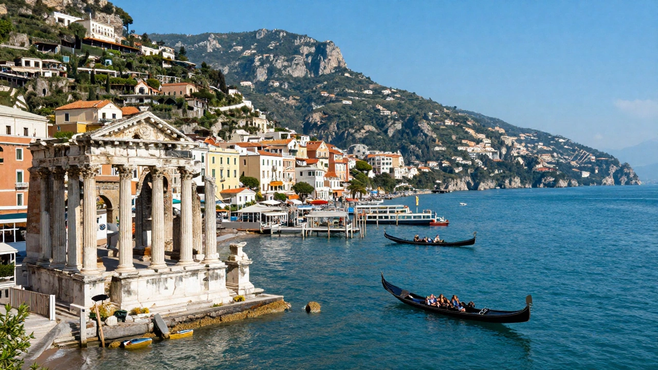 A vibrant street scene in Tokyo at night, showcasing bright neon lights and bustling crowds, contrasted with serene traditional Japanese temples surrounded by blooming cherry blossom trees in spring.