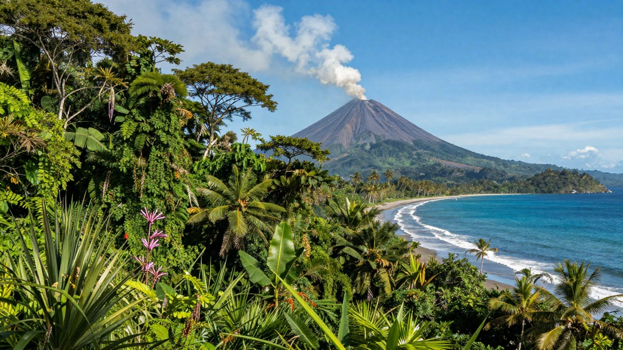 A lush Costa Rican rainforest teeming with exotic wildlife, an active volcano emitting smoke in the background, and pristine tropical beaches along a sparkling ocean under a sunny sky.