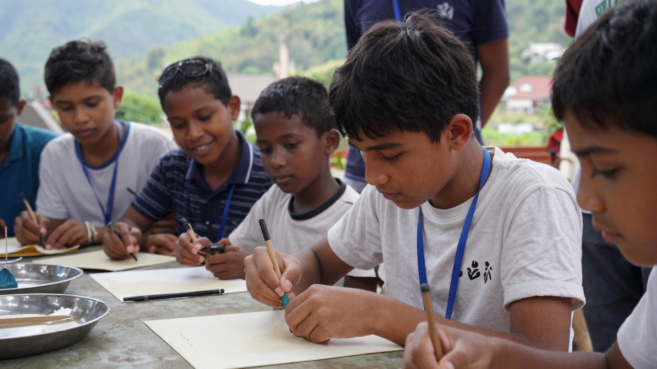 A student engaged in a hands-on learning experience outdoors, possibly conducting research or cultural study, surrounded by local people and natural or historic scenery, illustrating immersive educational opportunities abroad.