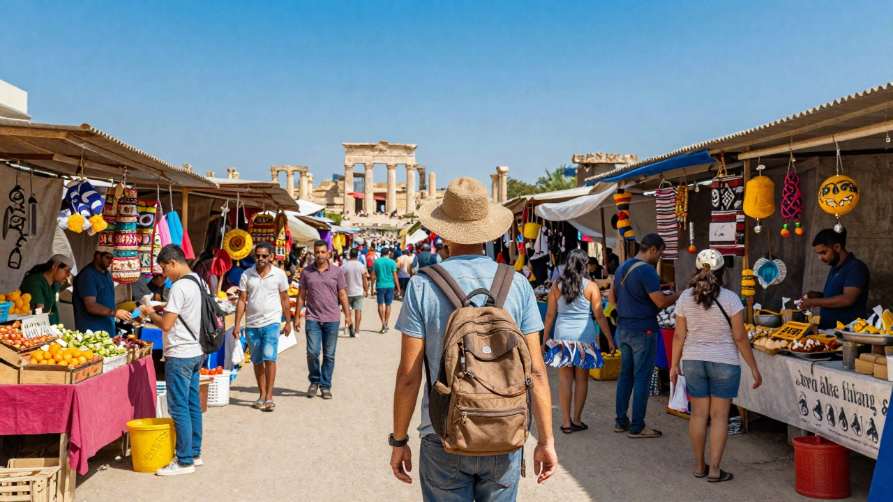 A vibrant scene of a traveler exploring an exotic international destination: bustling street market with colorful stalls, diverse local people interacting, authentic street food being prepared, and ancient ruins visible in the background under a bright blue sky.