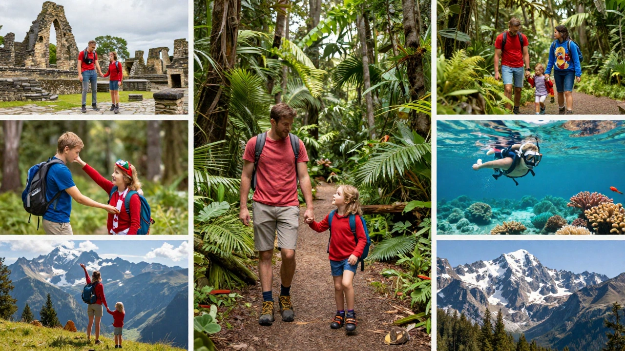 A vibrant montage of diverse family holiday activities: exploring ancient ruins, hiking in lush rainforests, snorkeling near coral reefs, and witnessing breathtaking alpine landscapes, capturing fun and adventure for all ages.