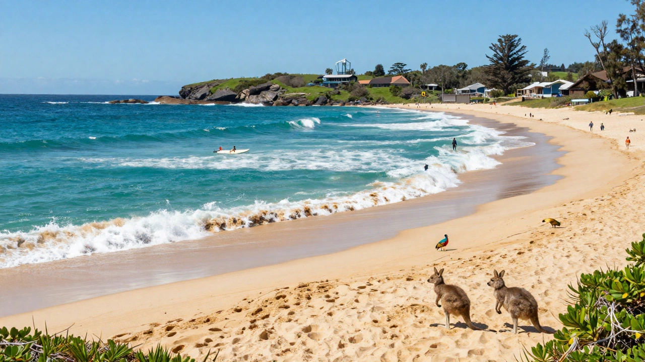 A vibrant Australian beach setting with golden sands, clear turquoise waters, surfers catching waves, and native wildlife such as kangaroos or colorful birds nearby, under a bright sunny sky emphasizing adventure and coastal beauty.