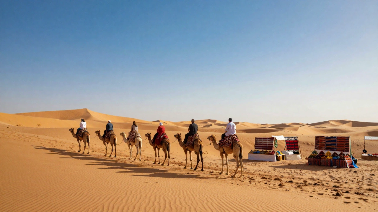 An exotic Moroccan desert scene with travelers riding camels across golden sand dunes and traditional market stalls with colorful textiles and spices at sunset