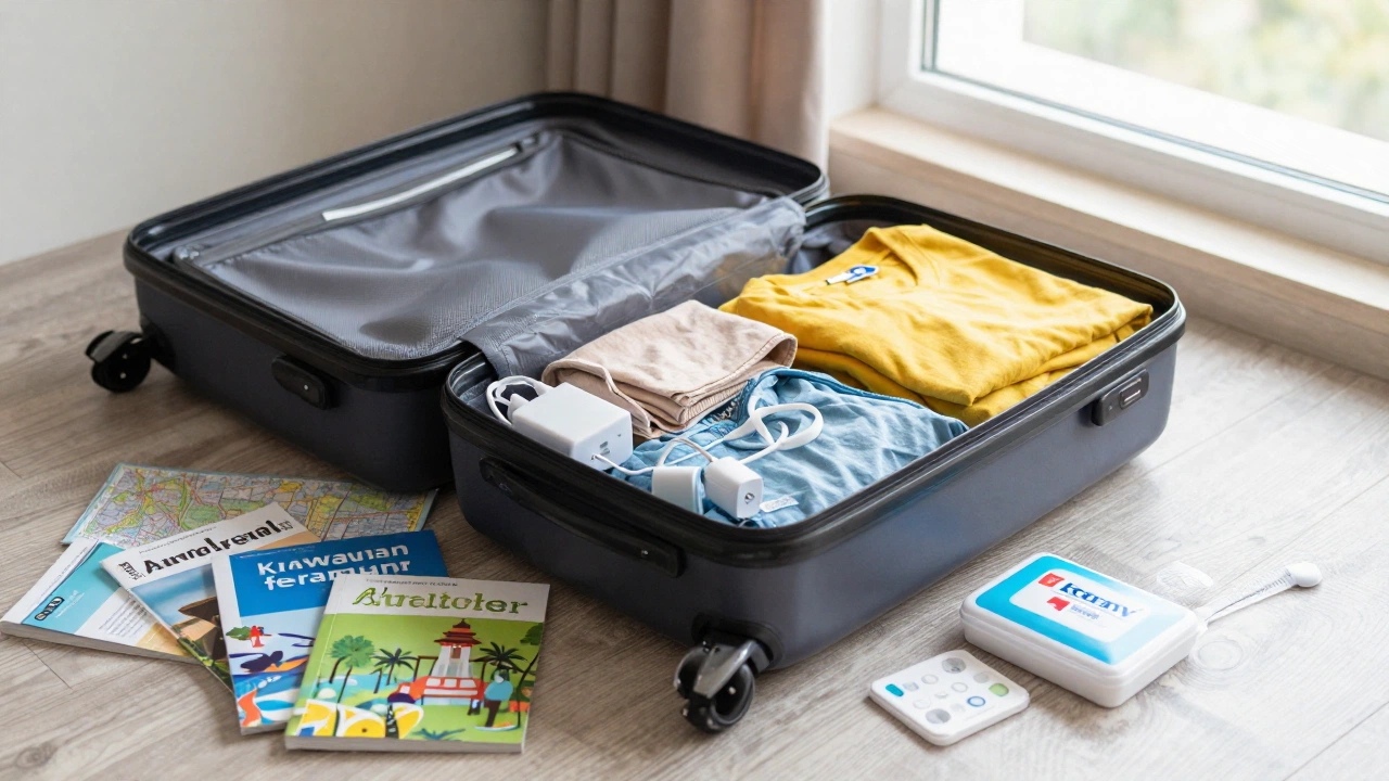 A calm and organized travel preparation setting: a traveler packing a suitcase with essentials like clothes, chargers, adapters, and a travel first aid kit, surrounded by travel guides and maps, with natural light coming through a window to create a peaceful atmosphere.