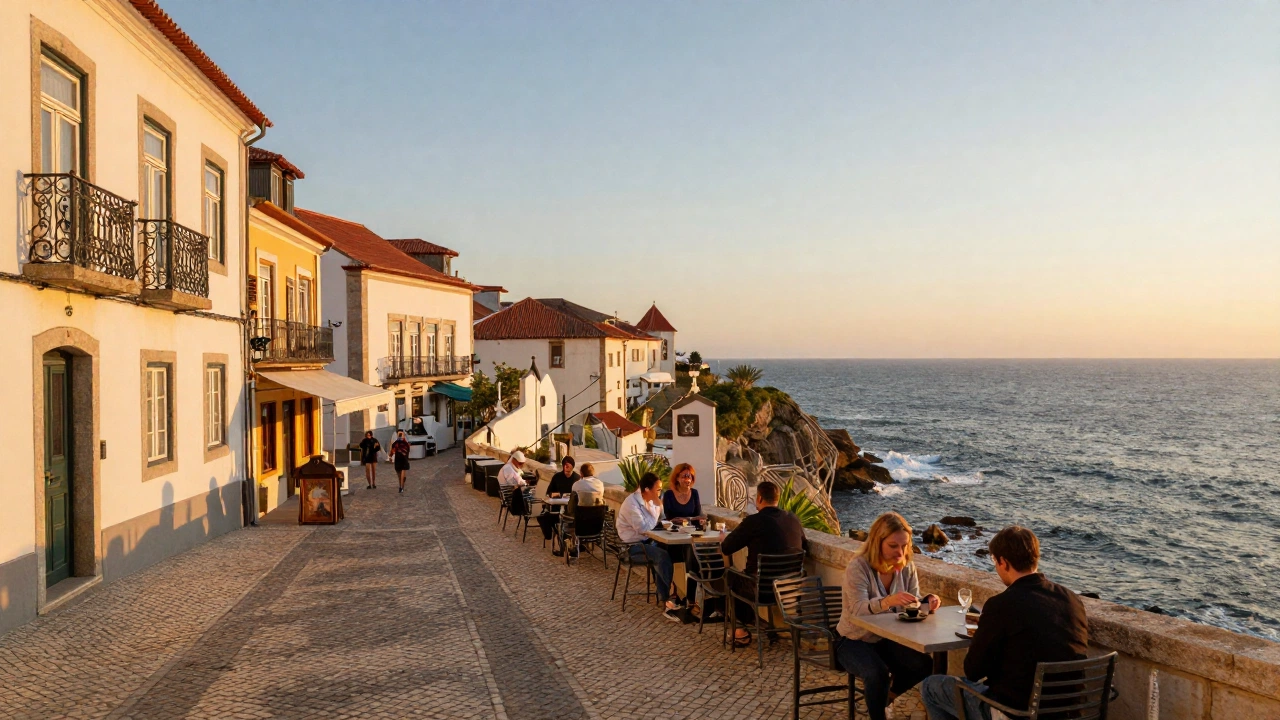 A picturesque coastal view in Portugal with charming old European buildings, people enjoying coffee at outdoor cafes near the sea under warm sunset