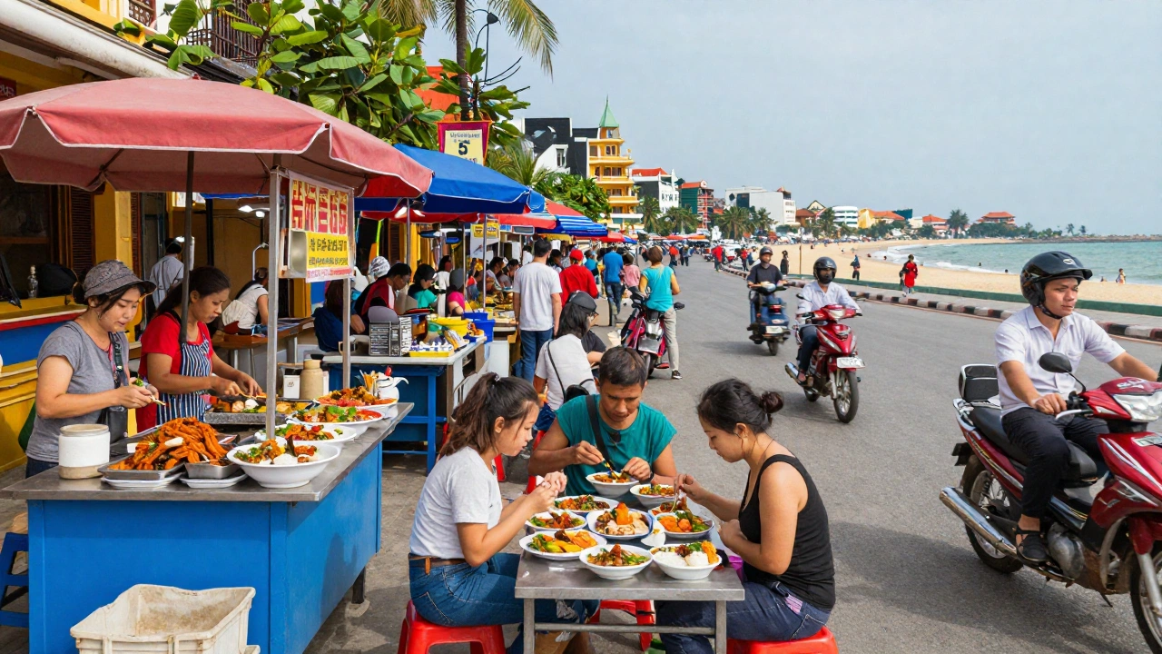 A vibrant street scene in Vietnam with colorful street food stalls and locals enjoying dishes near stunning beaches and historic city buildings under bright daylight