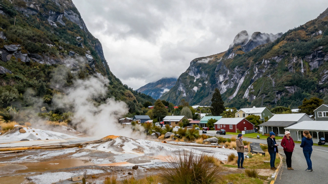 مشهد مليء بالمغامرات في نيوزيلندا حيث المضايق البحرية الهادئة المحاطة بالجبال الخضراء المورقة وفتحات البخار الحرارية الأرضية والسكان المحليين الودودين الذين يرحبون بالمسافرين في أجواء قروية نابضة بالحياة.
