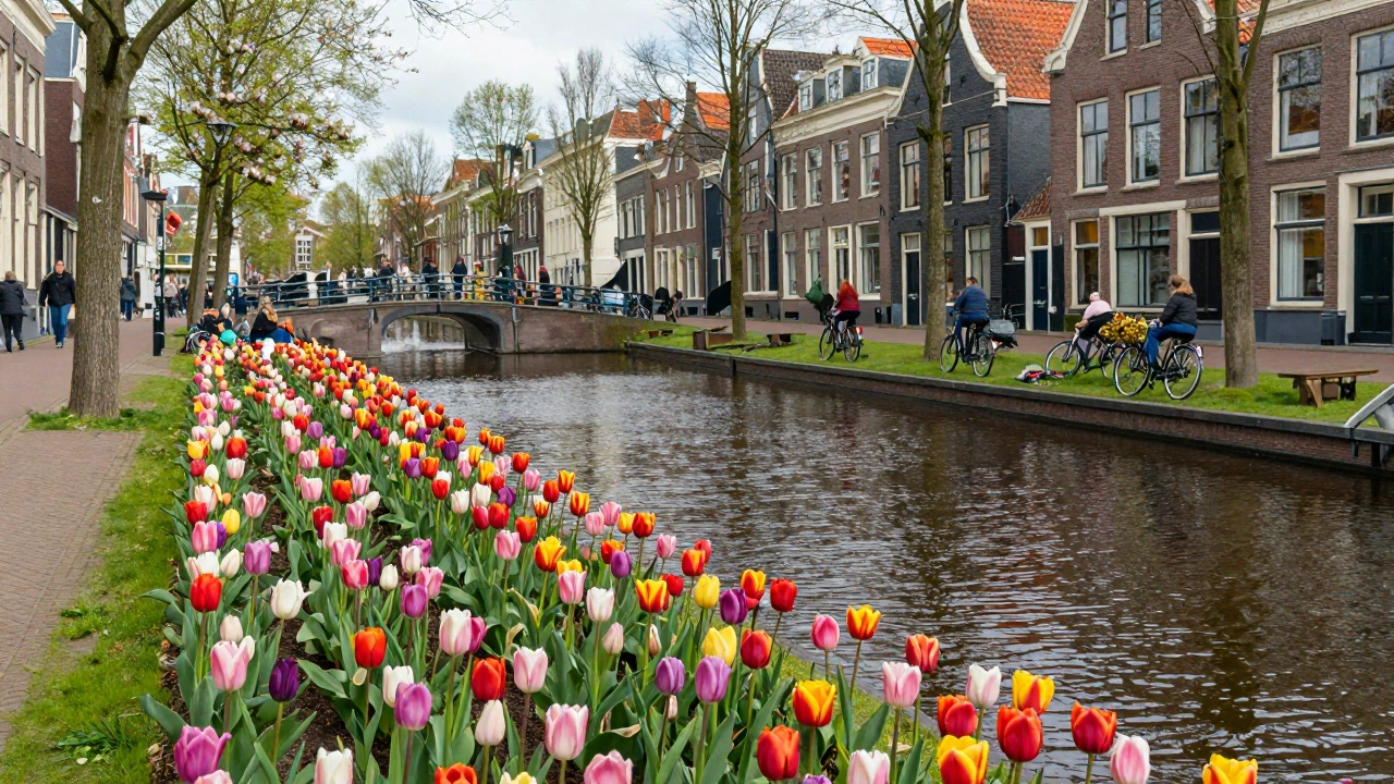 بيئة حضرية هادئة في هولندا مع حقول التوليب الملونة المزهرة بالكامل بجانب القنوات المائية الهادئة الخلابة، والشوارع الصديقة للدراجات الهوائية التي تعج بالناس الذين يستمتعون بأجواء مريحة وآمنة.