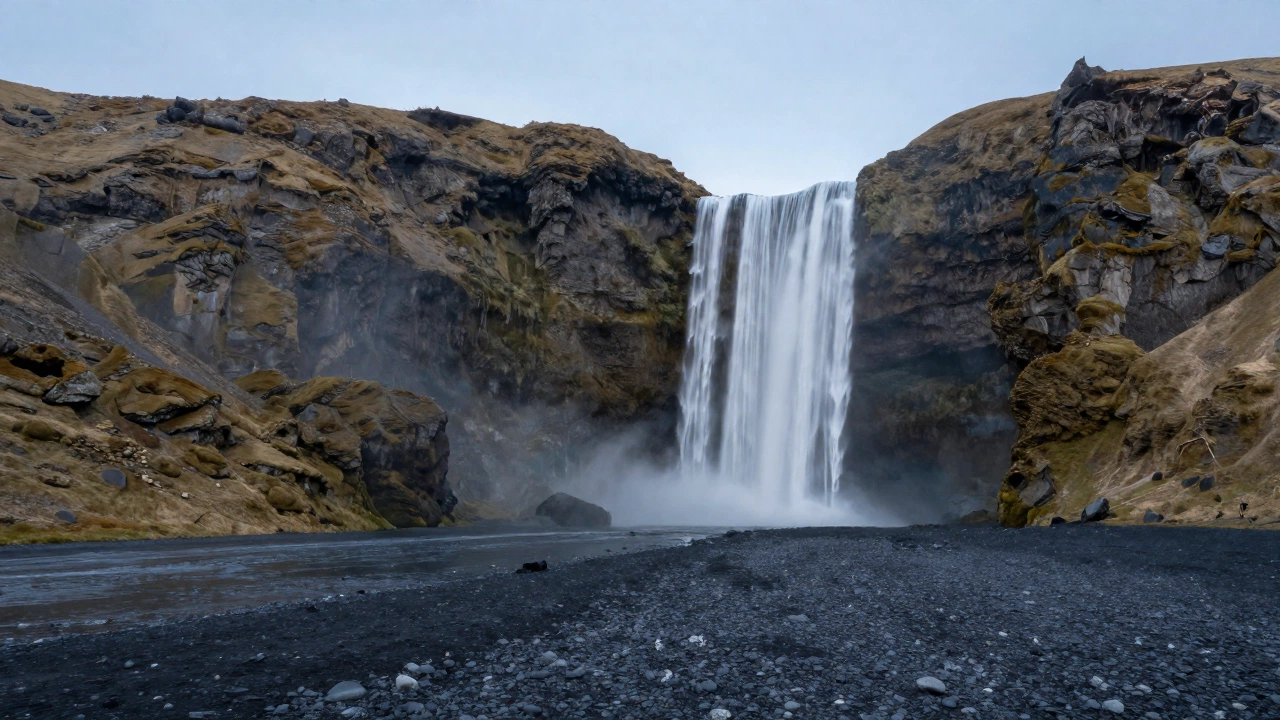 مناظر طبيعية خلابة في أيسلندا تتميز بشلالات مهيبة تتدفق من المنحدرات، وشواطئ رملية سوداء تمتد على طول الساحل، وبخار يتصاعد من الينابيع الساخنة المنعشة تحت سماء صافية.