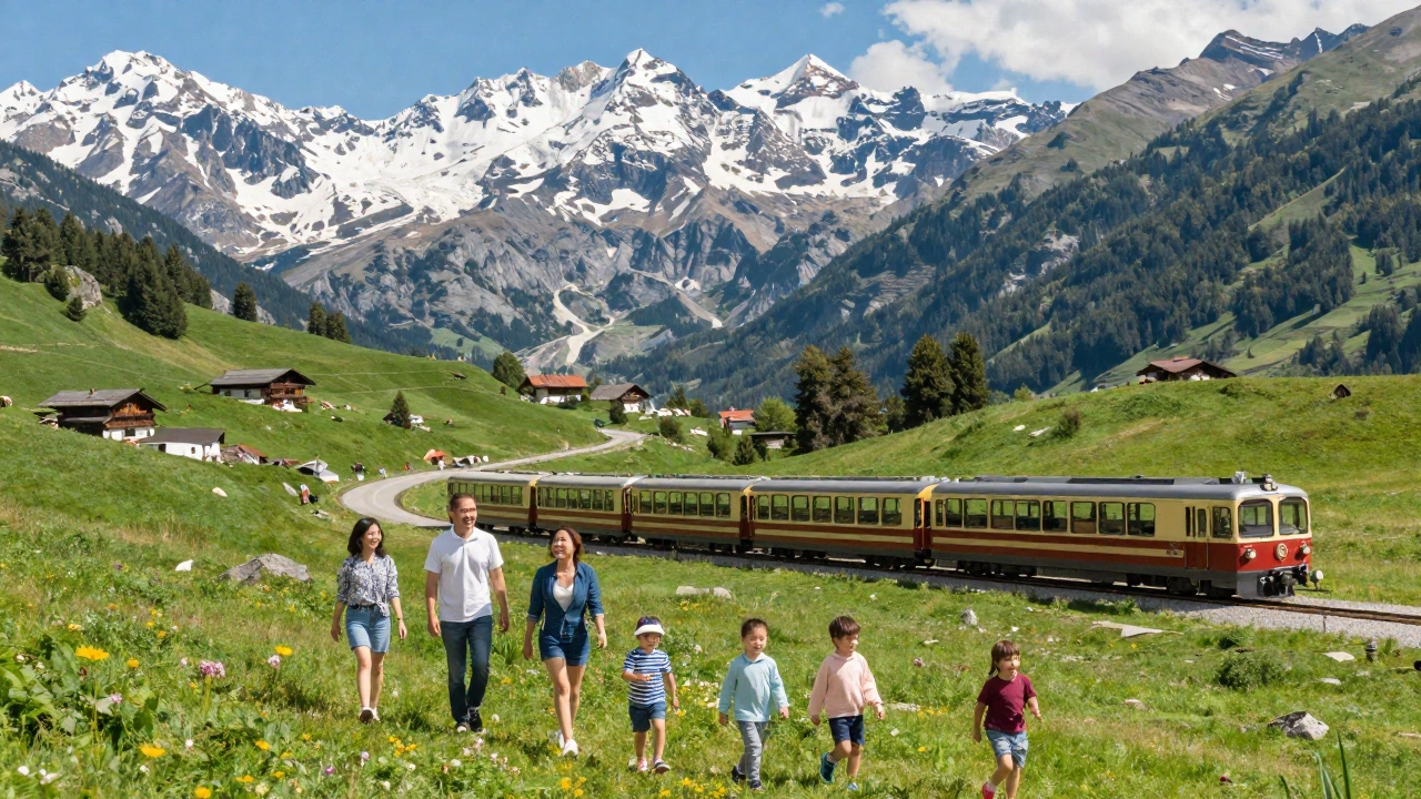A joyful multi-generational family exploring a scenic alpine landscape with snow-capped mountains, vibrant greenery, and a charming scenic train winding through the valley, capturing the wonder of toddlers and teenagers alike.