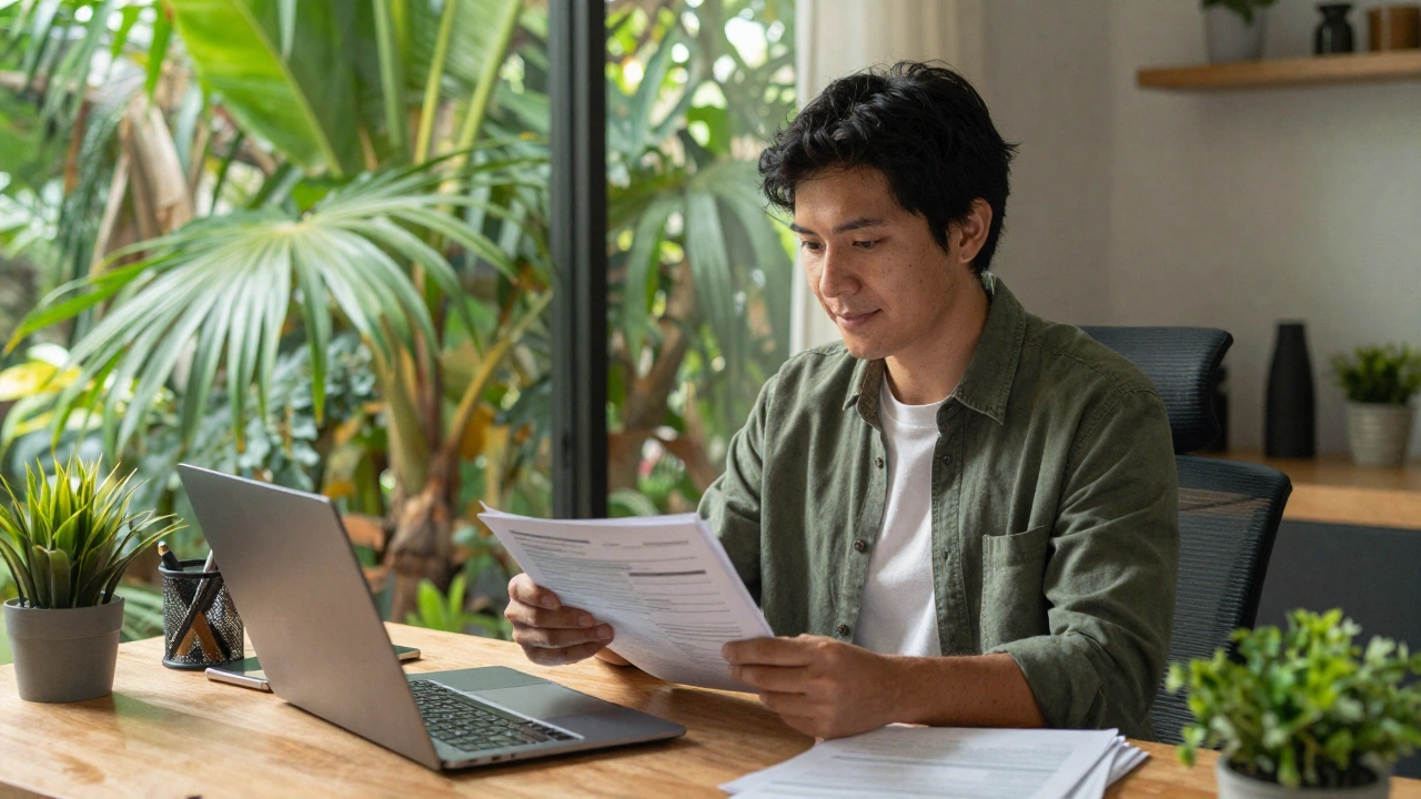 applicant preparing Costa Rica digital nomad visa how to apply documents at cozy home office with tropical light