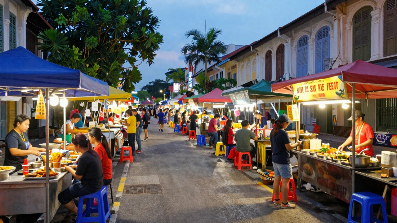 colorful Malaysian street food stalls bustling with vendors and customers illustrating Malaysia digital nomad visa for remote workers local lifestyle