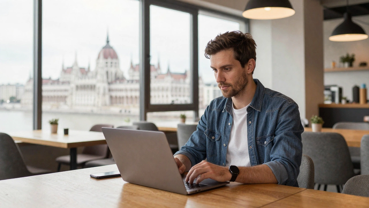 focused digital nomad working on a laptop in a cozy co-working space with modern design elements, large windows overlooking the city, and a relaxed vibe, symbolizing remote work life in Hungary
