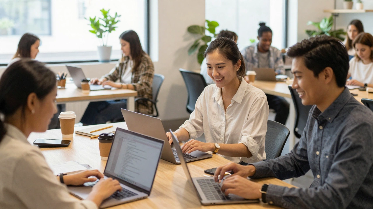 friendly coworking space scene with remote workers collaborating and working from laptops