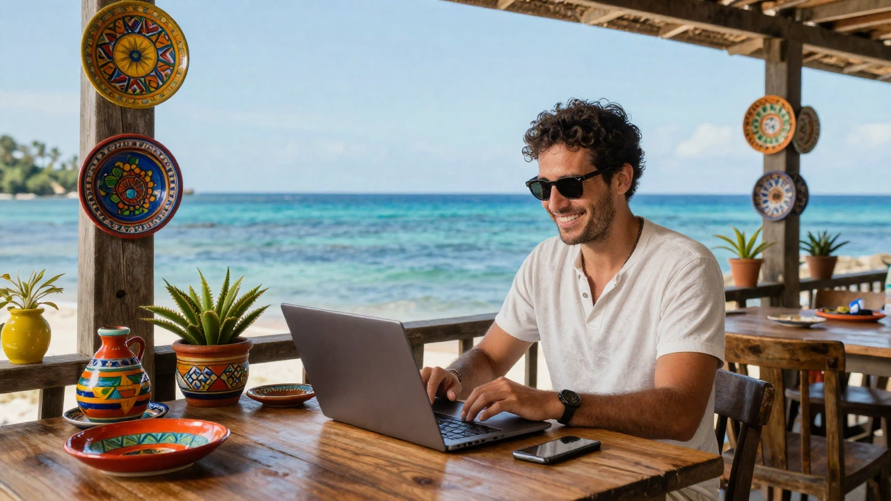 remote worker enjoying Cape Verde remote work visa for digital nomads at an outdoor cafe with ocean views and vibrant local culture