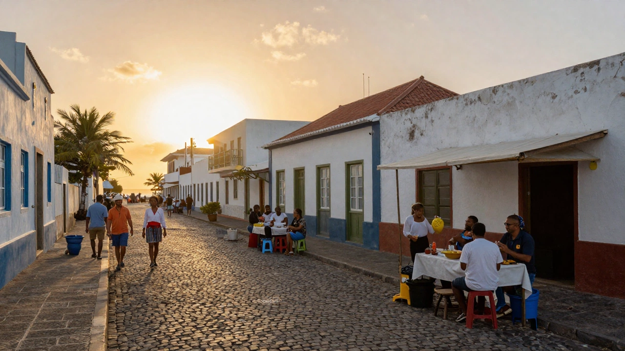 street scene at sunset showing Cape Verde remote work visa for digital nomads benefits with local culture and warm ambiance