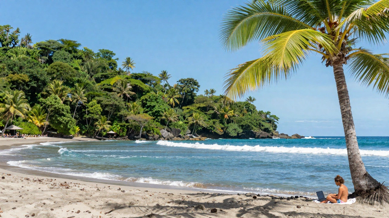 tropical beach scene in Costa Rica with clear blue water and a relaxed person working on a laptop under a palm tree, illustrating one of the cheapest countries to get digital nomad visa