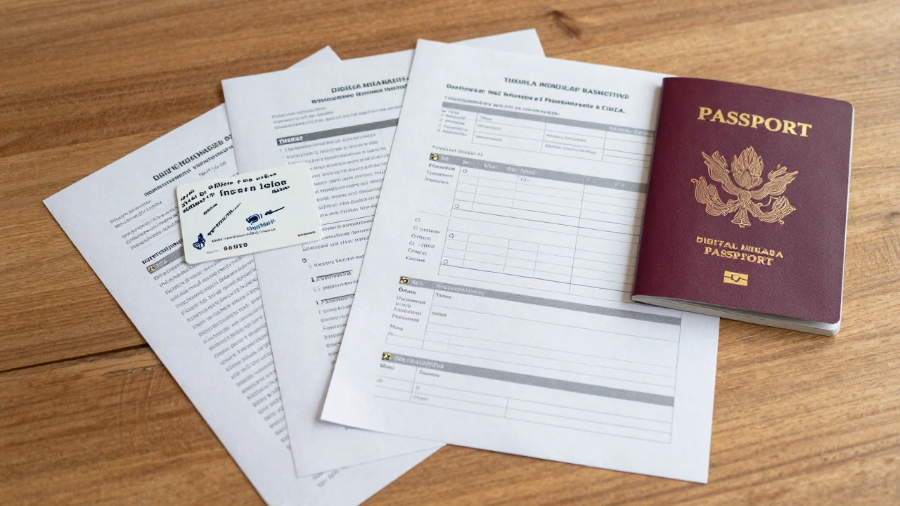 A calm workspace setup featuring alternative financial documents spread out on a wooden table alongside a health insurance card, a passport (face not visible), and a checklist, conveying the organized preparation steps involved in applying for a digital nomad visa without income proof.