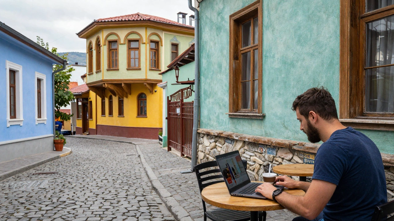A vibrant, welcoming street scene from Tbilisi, Georgia, showcasing colorful buildings, cobblestone streets, and a digital nomad working at an outdoor café with a laptop and coffee, reflecting the real-life example of obtaining a digital nomad visa without traditional income proof.
