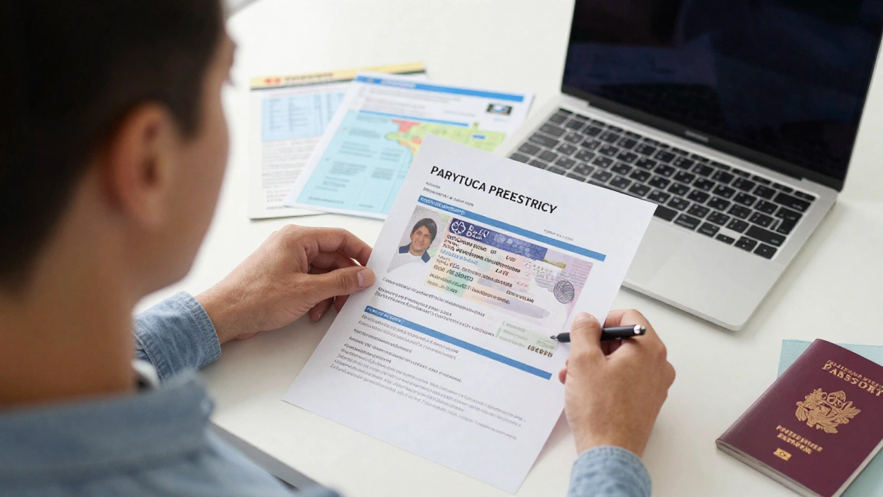 person organizing UK tourist visa requirements for Malaysians with travel documents and laptop