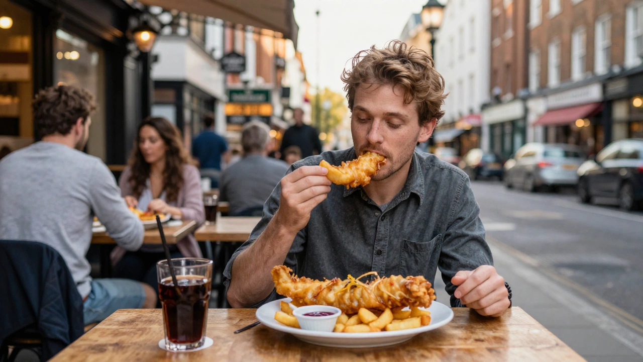 traveler enjoying British fish and chips after receiving UK tourist visa requirements for Malaysians approval