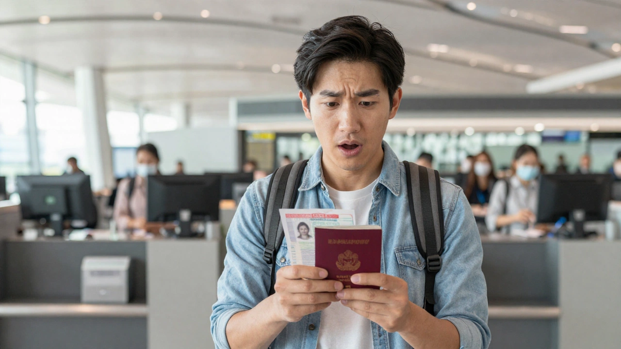 Vietnam e-visa application step by step 2026 depicted by a traveler at an airport immigration counter holding passport and printed visa