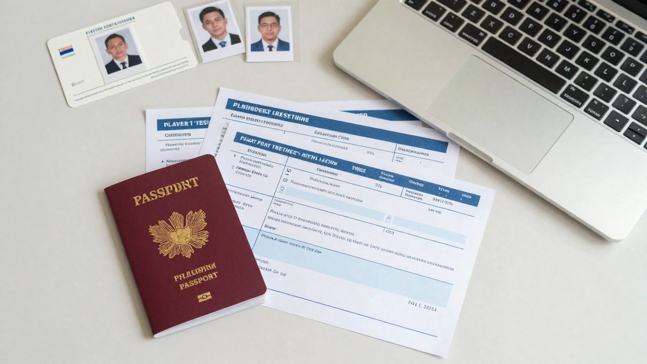 organized desk with essential documents for schengen visa for filipino application