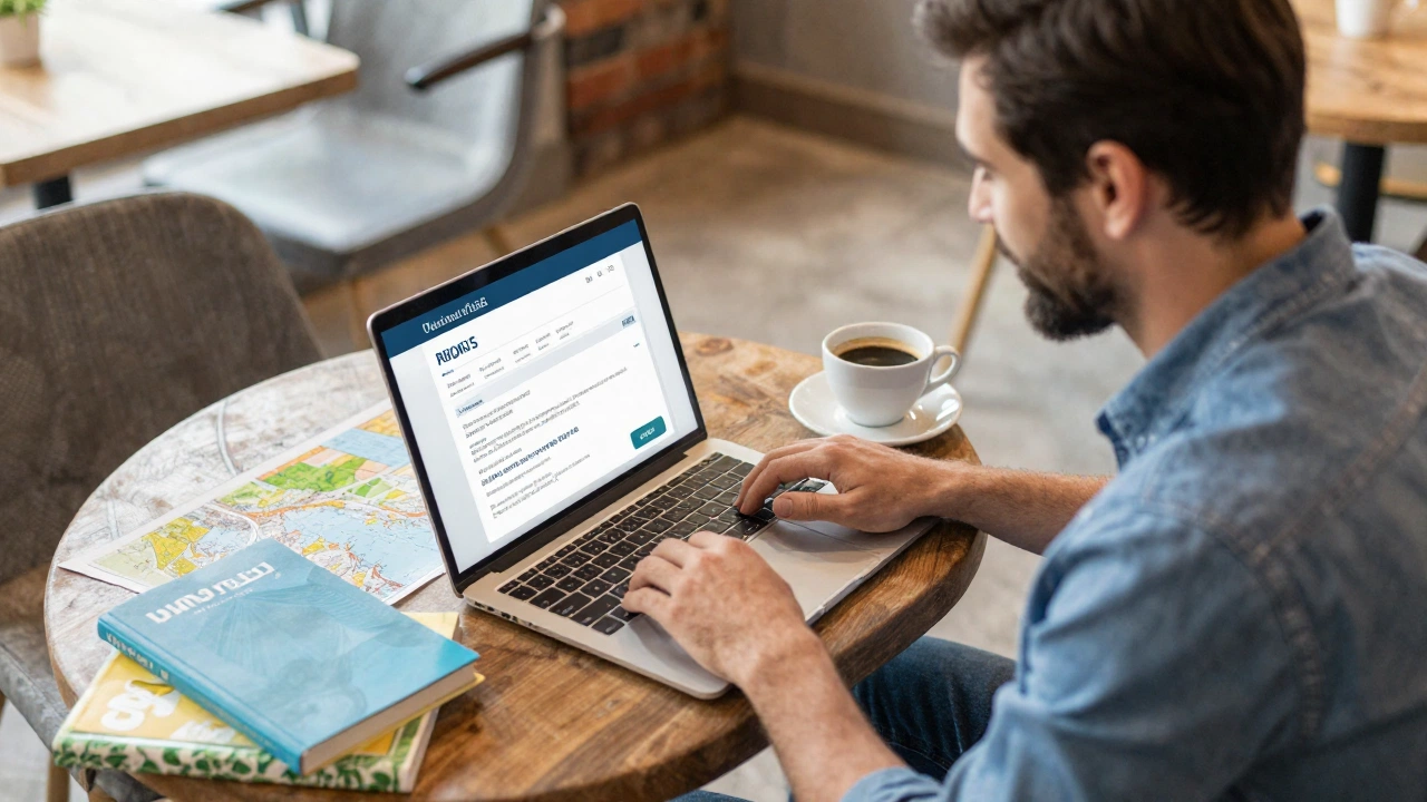 traveler booking onward ticket for Thailand visa on arrival 2026 on laptop in relaxed home environment