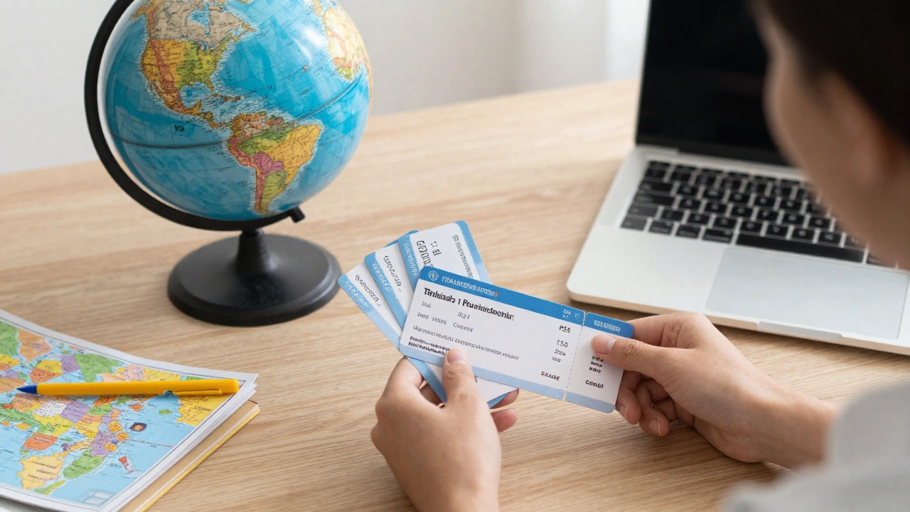 traveler confidently planning onward ticket with flight reservations and travel guides on desk