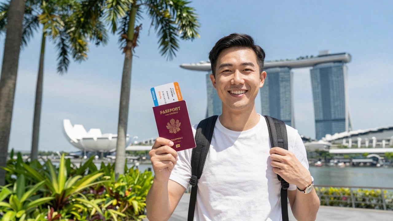 traveler confidently holding a flight ticket and passport near Singapore Marina Bay Sands, illustrating does Singapore require onward ticket 2026