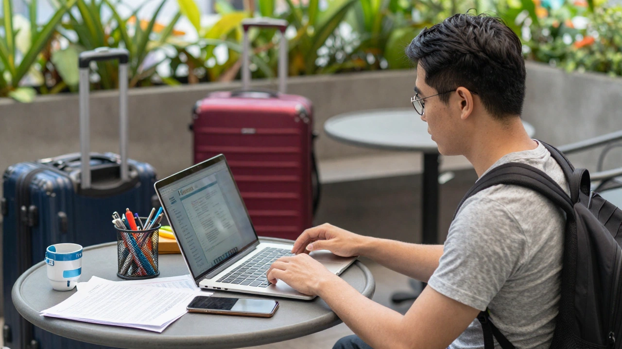 a relaxing outdoor seating area in Singapore with traveler preparing travel documents focused on does Singapore require onward ticket 2026