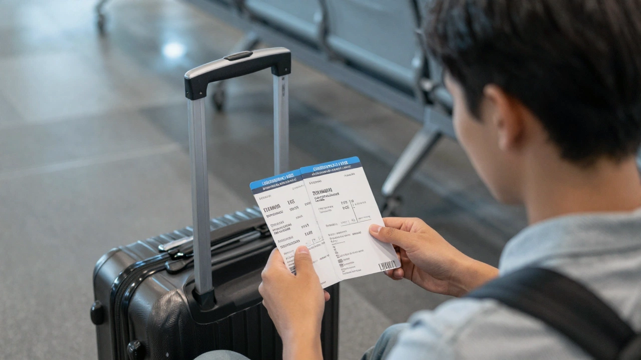 traveler looking thoughtfully at confirmed flight ticket as proof of onward travel for Australia tourist visa