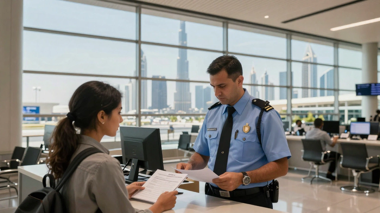 Dubai immigration officer checking onward ticket for Dubai tourist visa during traveler entry