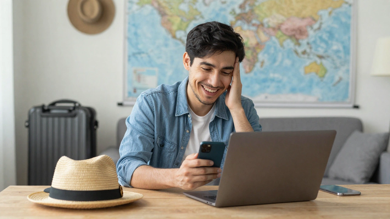 calm traveler packing documents including international bus ticket as proof of onward travel alongside flight reservation and hotel booking