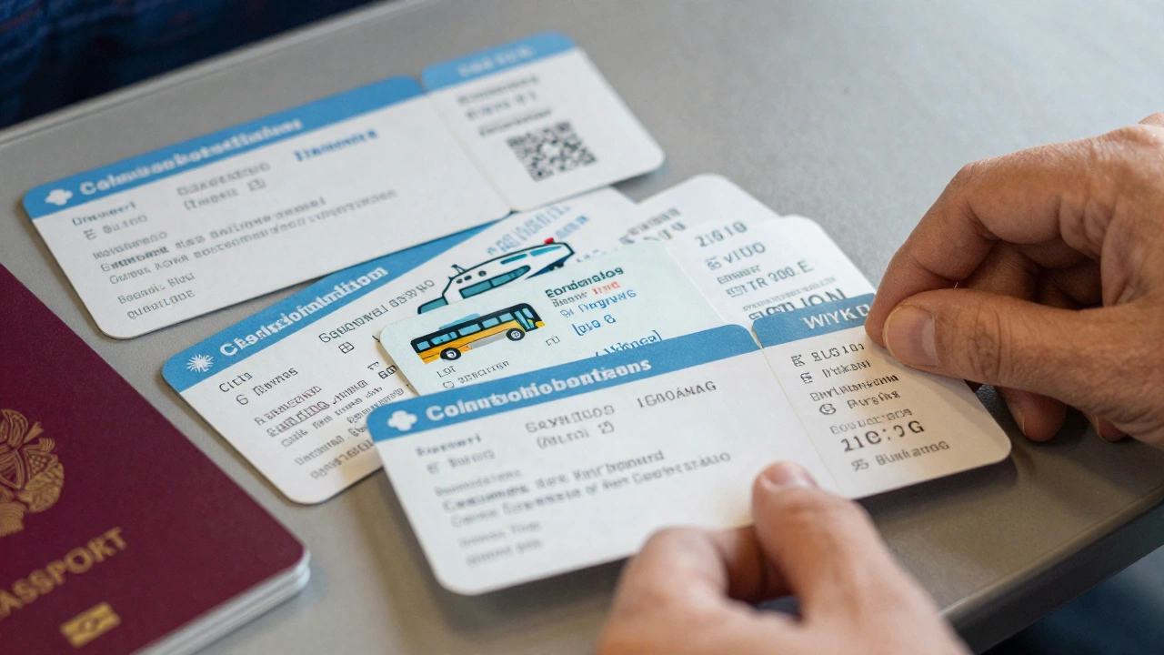 close-up of various travel tickets and passes organized as proof of onward travel for immigration