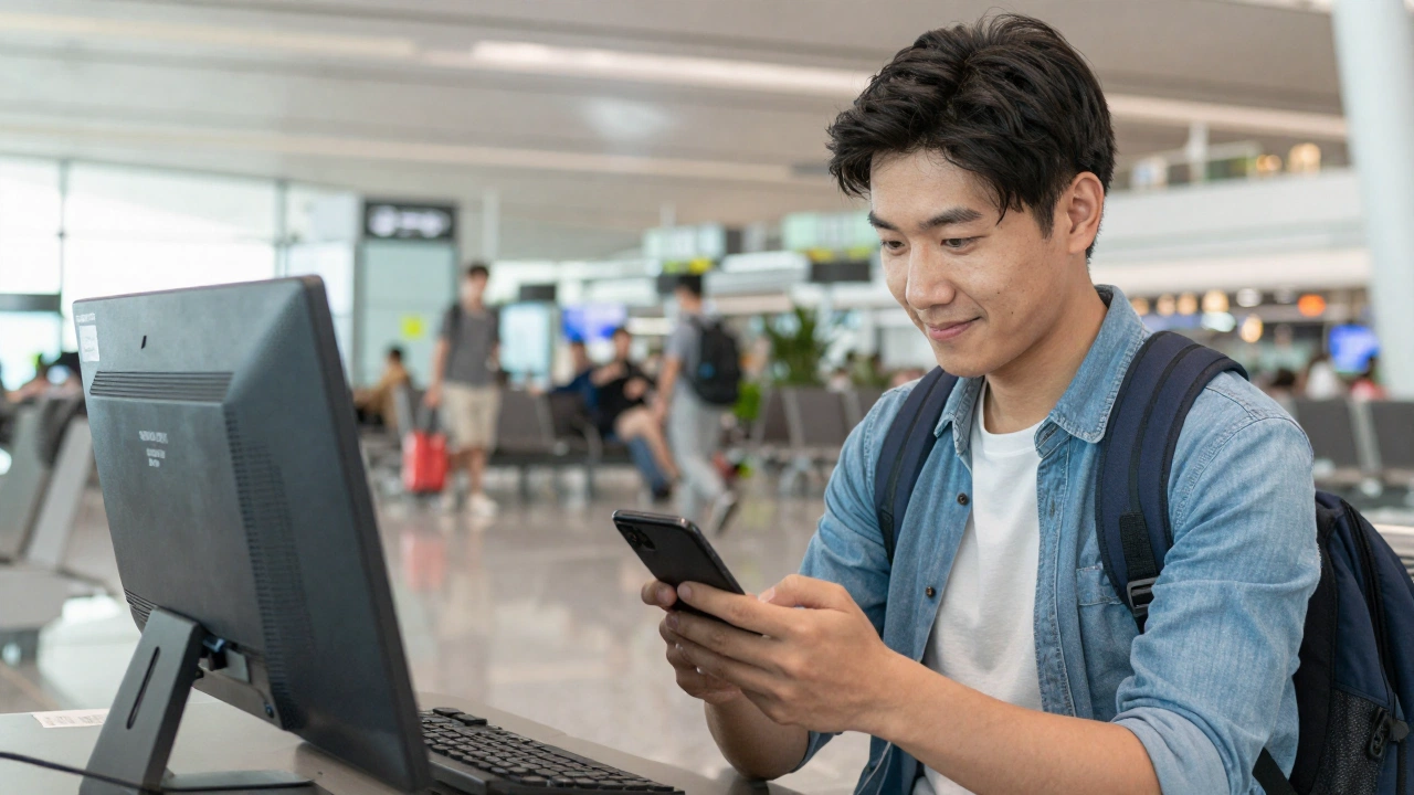 traveler researching denied boarding no onward ticket what to do at airport computer