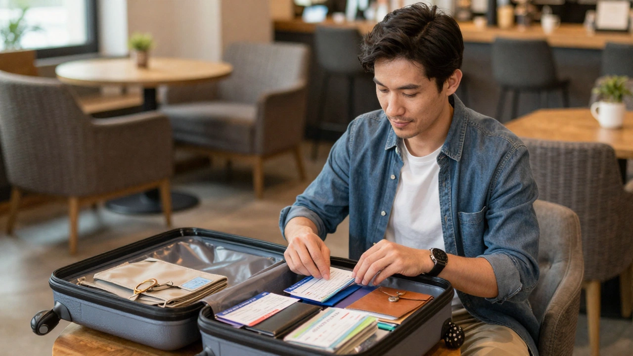 traveler showing how to show proof of departure on one way ticket organizing travel documents at a lounge